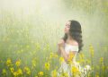fog, woman, meadow, flowers, beautiful flowers, flower wallpaper, tender, asian, mist, flower background, yellow flowers, prayer, nature, white dress